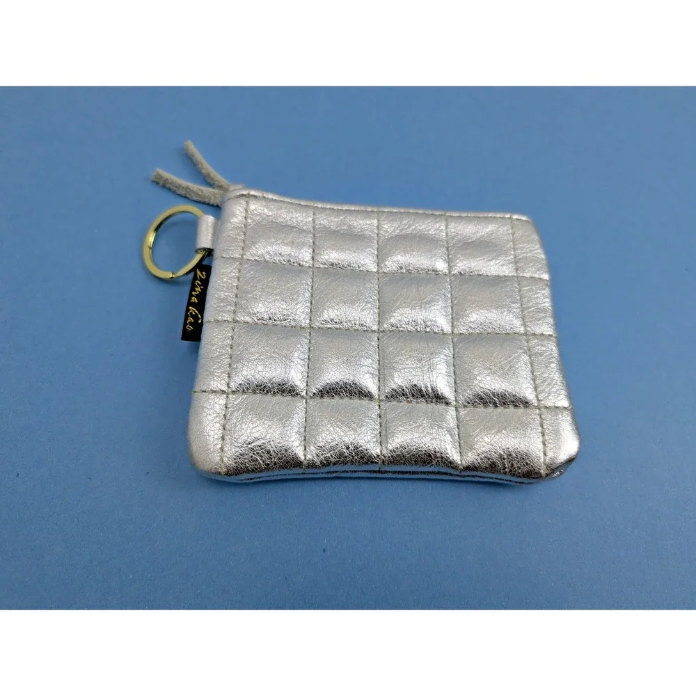 Zina Kao Silver Leather Pouch Small Black Makeup Bag New